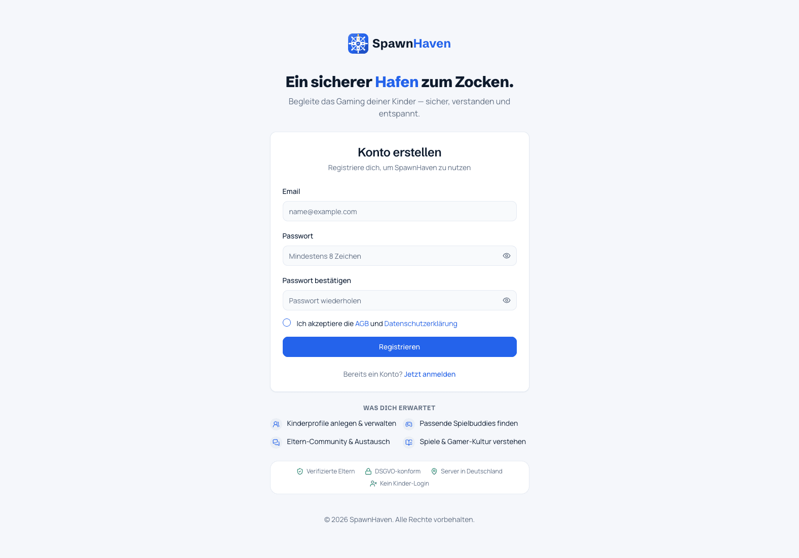 Registrierungsformular von SpawnHaven
