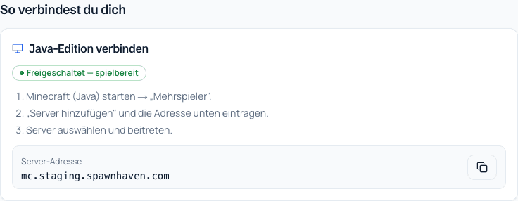 Verbindungsanleitung im Dashboard mit Server-Adresse und Kopier-Button