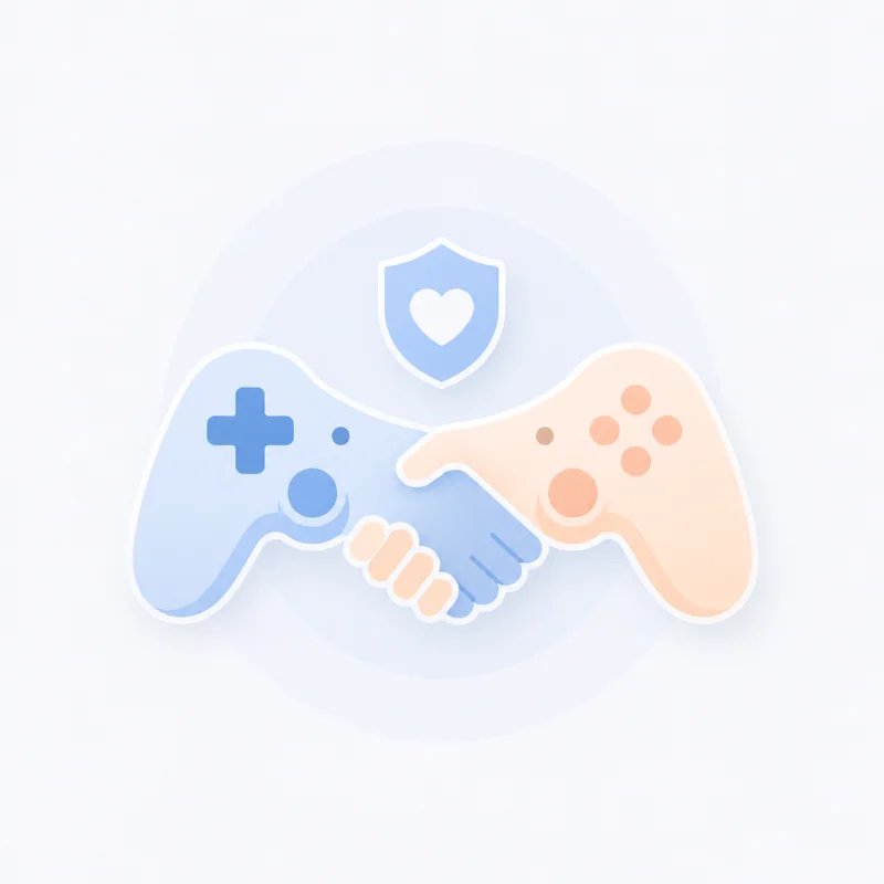 Zwei freundliche Gamecontroller verbinden sich wie ein Handschlag — sicheres Miteinander.